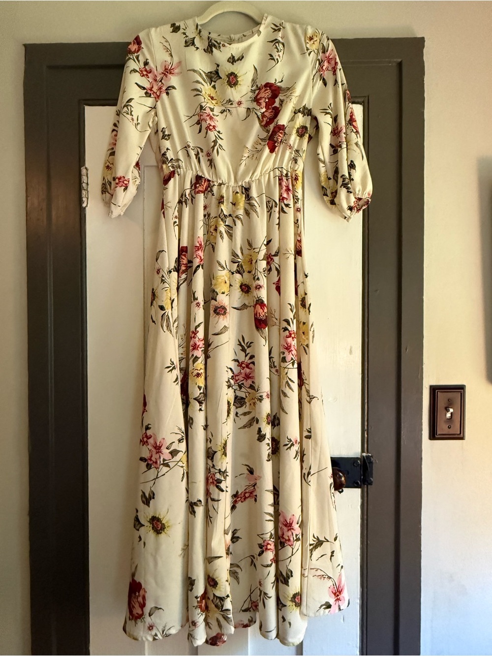 Cream Floral Maxi Dress with Puff Sleeves